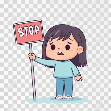 A flat 2D vector graphic illustration in a simple cartoon style with a cute Pixar-inspired aesthetic. A simple cartoon depicting a young Korean girl with fair white skin and dark hair standing in front of the camera, holding a flag with the word "STOP" written on it, with an angry expression on her face. She is wearing a light blue long-sleeve shirt. The background is white.   --s 50