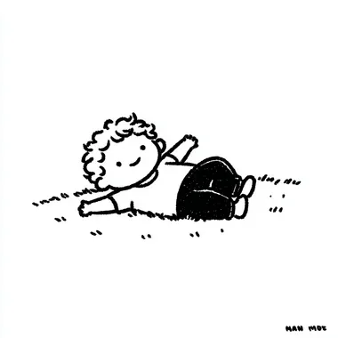 Artist Yeoniu Choi style, simple drawing, cartoon, rough outline, like Mr. Van Gogh's latest minimalist style, simple drawing cartoon, a little boy lying on the grass with his legs up in the air, a comfortable smile on his face --exp 100 --raw  935888290 rofile fbichjd --sv 4