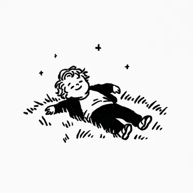 Artist Yeoniu Choi style, simple drawing, cartoon, rough outline, like Mr. Van Gogh's latest minimalist style, simple drawing cartoon, a little boy lying on the grass with his legs up in the air, a comfortable smile on his face --exp 100 --raw  935888290 rofile fbichjd --sv 4
