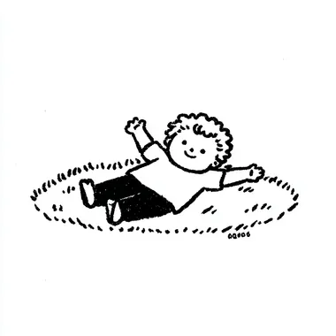 Artist Yeoniu Choi style, simple drawing, cartoon, rough outline, like Mr. Van Gogh's latest minimalist style, simple drawing cartoon, a little boy lying on the grass with his legs up in the air, a comfortable smile on his face --exp 100 --raw  935888290 rofile fbichjd --sv 4