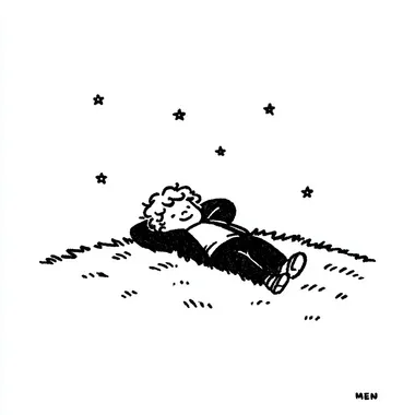 Artist Yeoniu Choi style, simple drawing, cartoon, rough outline, like Mr. Van Gogh's latest minimalist style, simple drawing cartoon, a little boy lying on the grass with his legs up in the air, a comfortable smile on his face --exp 100 --raw  935888290 rofile fbichjd --sv 4