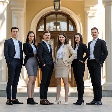 a team of realtors on the background of villas