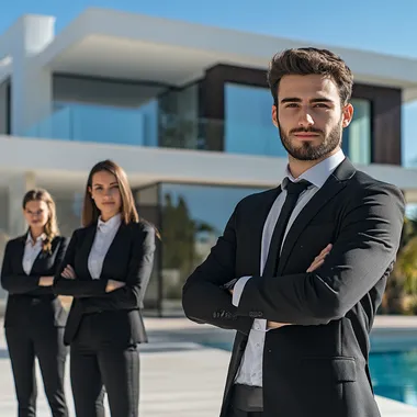 a team of realtors on the background of villas