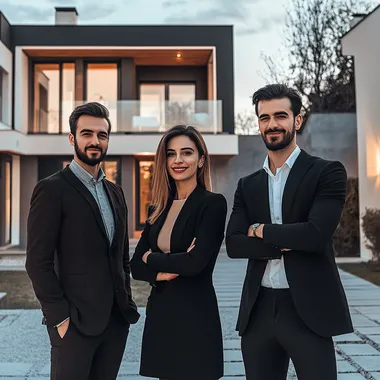 a team of realtors on the background of villas