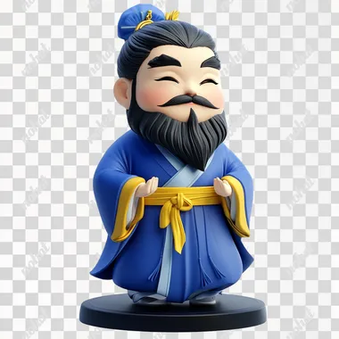 Q-version Confucius IP image design, Chinese philosopher Confucius,wearing a blue robe and Yellow decoration,Holding a bamboo slip in hand,Wearing a blue headscarf on the bun,Bending down and bowing in salute,cartoon style,Kind and amiable expression,blind box style,simple,3D,c4d,high resolution, high quality, exquisite colors, and high-definition images.