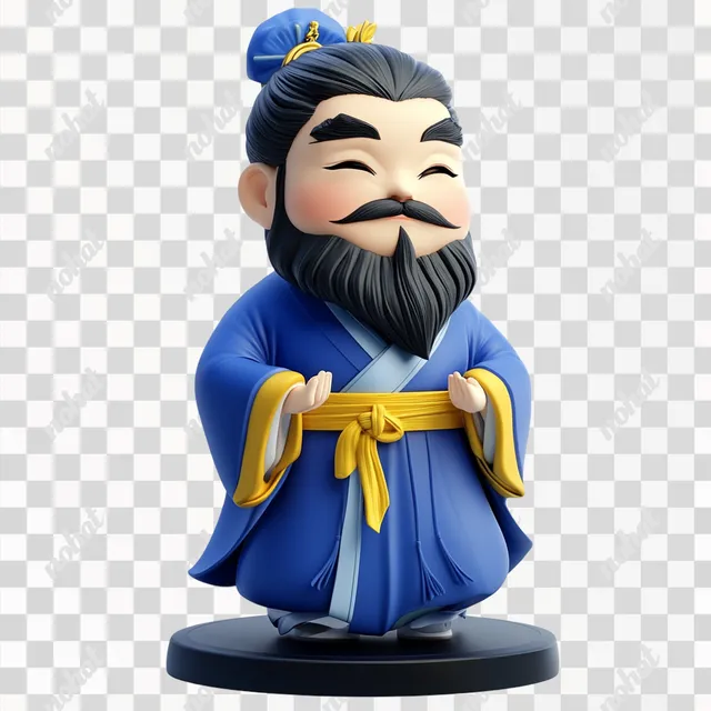PNG Q-version Confucius Figurine, Chinese Philosopher in Blue Robe, Cartoon Style
