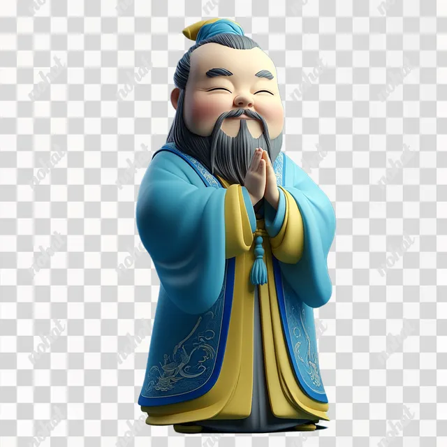 PNG Q-version Confucius Statue in Blue Robe, Cartoon Style, 3D Design