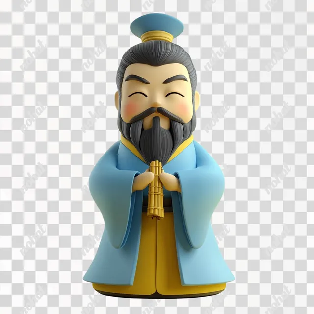 PNG Q-version Confucius Figurine in Blue Robe, Chinese Philosopher Design