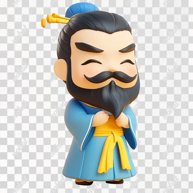 PNG Q-version Confucius Figurine with Beard in Blue Robe, 3D Cartoon Style