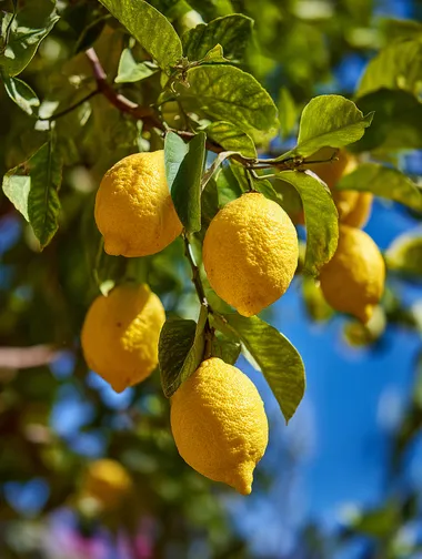 close-up of a mature lemon tree in a summer garden, clusters of ripe lemons hanging from the branches, sun-dappled leaves and a vivid blue sky in the background, warm peaceful midday vibes, natural lighting and slight breeze, photography, macro lens with shallow depth of field, Canon EOS R5, f/2.0, ISO 200