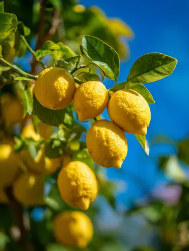 close-up of a mature lemon tree in a summer garden, clusters of ripe lemons hanging from the branches, sun-dappled leaves and a vivid blue sky in the background, warm peaceful midday vibes, natural lighting and slight breeze, photography, macro lens with shallow depth of field, Canon EOS R5, f/2.0, ISO 200