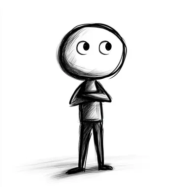 a simple stick figure drawing of a manager standing with a deep thought look on his face. White background