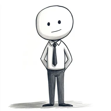 a simple stick figure drawing of a manager standing with a deep thought look on his face. White background