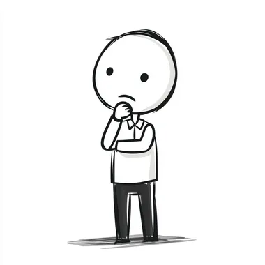 a simple stick figure drawing of a manager standing with a deep thought look on his face. White background