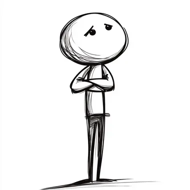 a simple stick figure drawing of a manager standing with a deep thought look on his face. White background