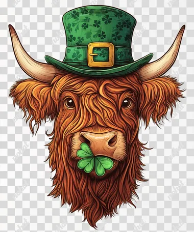 St. Patrick's Day clip art featuring a highland cow wearing a green hat and holding a shamrock in its mouth, set against a white background. St. Patrick's Day, a highland cow with a green hat and a shamrock in its mouth, clip art sticker on a white background with no shadow, in a hyper-detailed, cartoon style. St. Patrick's Day, highland cow face with green hat and clover leaf in mouth, clipart graphic design vector art illustration, white background, in the style of [Artist name].St. Patrick's Day clip art featuring a highland cow wearing a green hat and holding a shamrock in its mouth, isolated on a white background.