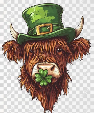 St. Patrick's Day clip art featuring a highland cow wearing a green hat and holding a shamrock in its mouth, set against a white background. St. Patrick's Day, a highland cow with a green hat and a shamrock in its mouth, clip art sticker on a white background with no shadow, in a hyper-detailed, cartoon style. St. Patrick's Day, highland cow face with green hat and clover leaf in mouth, clipart graphic design vector art illustration, white background, in the style of [Artist name].St. Patrick's Day clip art featuring a highland cow wearing a green hat and holding a shamrock in its mouth, isolated on a white background.