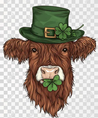 St. Patrick's Day clip art featuring a highland cow wearing a green hat and holding a shamrock in its mouth, set against a white background. St. Patrick's Day, a highland cow with a green hat and a shamrock in its mouth, clip art sticker on a white background with no shadow, in a hyper-detailed, cartoon style. St. Patrick's Day, highland cow face with green hat and clover leaf in mouth, clipart graphic design vector art illustration, white background, in the style of [Artist name].St. Patrick's Day clip art featuring a highland cow wearing a green hat and holding a shamrock in its mouth, isolated on a white background.
