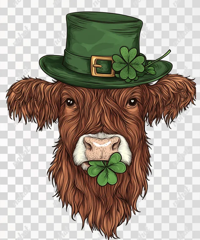 PNG Highland cow clip art with green hat and shamrock for St. Patrick's Day