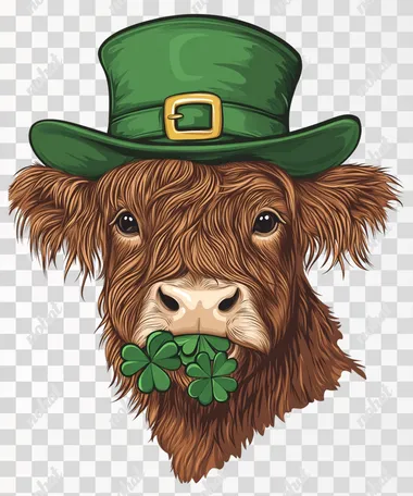 St. Patrick's Day clip art featuring a highland cow wearing a green hat and holding a shamrock in its mouth, set against a white background. St. Patrick's Day, a highland cow with a green hat and a shamrock in its mouth, clip art sticker on a white background with no shadow, in a hyper-detailed, cartoon style. St. Patrick's Day, highland cow face with green hat and clover leaf in mouth, clipart graphic design vector art illustration, white background, in the style of [Artist name].St. Patrick's Day clip art featuring a highland cow wearing a green hat and holding a shamrock in its mouth, isolated on a white background.
