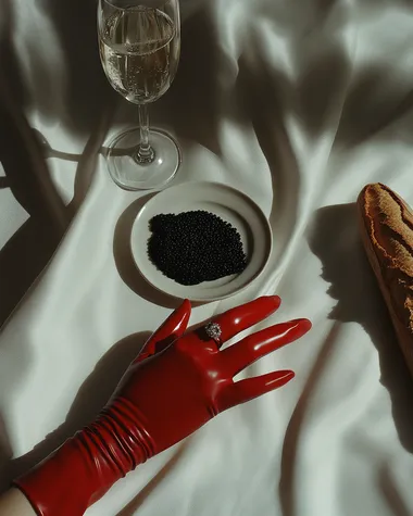 minimalistic white cloth table, on the table there is a champagne glass, black chaviar in a small plate, slice of sourdought baguette and a female hand in red glove wearing an engagement ring, in 1980s grainy effect, magazine shot, shot from above and side,