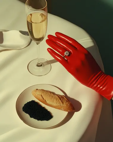 minimalistic white cloth table, on the table there is a champagne glass, black chaviar in a small plate, slice of sourdought baguette and a female hand in red glove wearing an engagement ring, in 1980s grainy effect, magazine shot, shot from above and side,