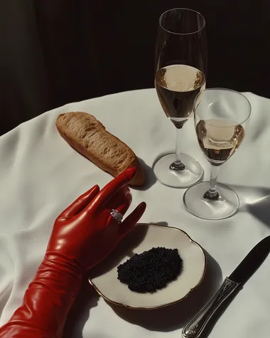 minimalistic white cloth table, on the table there is a champagne glass, black chaviar in a small plate, slice of sourdought baguette and a female hand in red glove wearing an engagement ring, in 1980s grainy effect, magazine shot, shot from above and side,