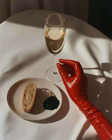 minimalistic white cloth table, on the table there is a champagne glass, black chaviar in a small plate, slice of sourdought baguette and a female hand in red glove wearing an engagement ring, in 1980s grainy effect, magazine shot, shot from above and side,