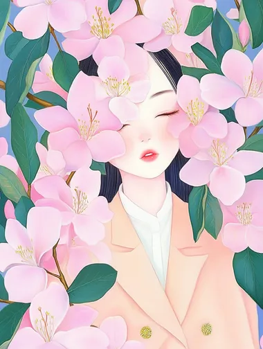 An illustration of a Chinese girl, with pink azaleas covering her face. Outfit of a trendy fashion brand, excited, happy,, and the background is vivid and eye-catching. It has a minimalist style and is in the artistic style of Rineke Dijkstra. It showcases hyper-realistic details, employs natural lighting effects, and depicts the facial features in great detail. The composition is symmetrical, and it adopts a low-angle shooting technique. The picture features lush green leaves and bright flowers, creating a surreal effect.. HD.