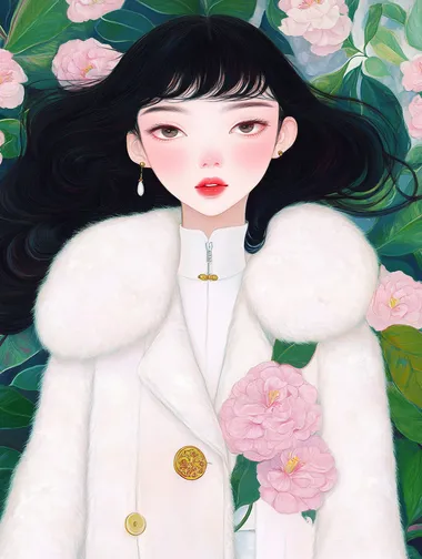 An illustration of a Chinese girl, with pink azaleas covering her face. Outfit of a trendy fashion brand, excited, happy,, and the background is vivid and eye-catching. It has a minimalist style and is in the artistic style of Rineke Dijkstra. It showcases hyper-realistic details, employs natural lighting effects, and depicts the facial features in great detail. The composition is symmetrical, and it adopts a low-angle shooting technique. The picture features lush green leaves and bright flowers, creating a surreal effect.. HD.