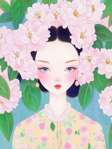 An illustration of a Chinese girl, with pink azaleas covering her face. Outfit of a trendy fashion brand, excited, happy,, and the background is vivid and eye-catching. It has a minimalist style and is in the artistic style of Rineke Dijkstra. It showcases hyper-realistic details, employs natural lighting effects, and depicts the facial features in great detail. The composition is symmetrical, and it adopts a low-angle shooting technique. The picture features lush green leaves and bright flowers, creating a surreal effect.. HD.
