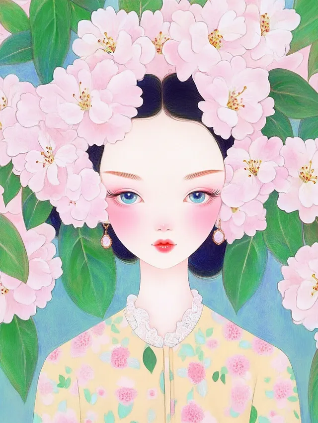 Chinese girl with azaleas in hair, trendy outfit, vivid minimalist art