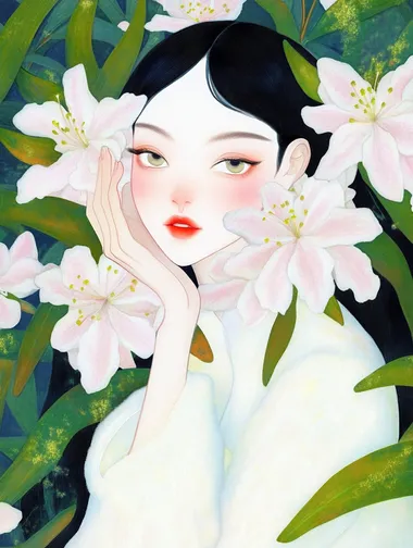An illustration of a Chinese girl, with pink azaleas covering her face. Outfit of a trendy fashion brand, excited, happy,, and the background is vivid and eye-catching. It has a minimalist style and is in the artistic style of Rineke Dijkstra. It showcases hyper-realistic details, employs natural lighting effects, and depicts the facial features in great detail. The composition is symmetrical, and it adopts a low-angle shooting technique. The picture features lush green leaves and bright flowers, creating a surreal effect.. HD.
