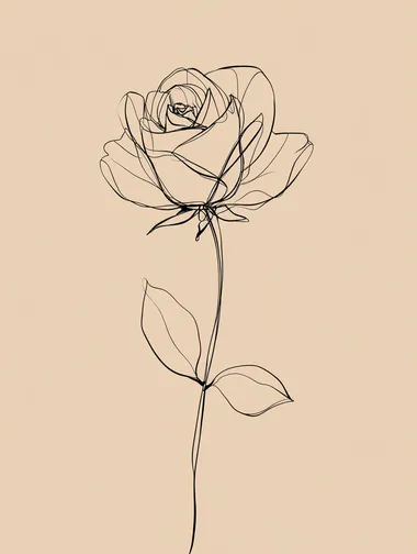 Single line art rose, minimalist, thin black lines on beige background.
