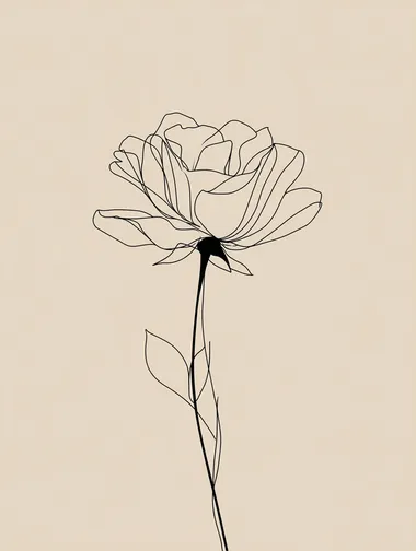 Single line art rose, minimalist, thin black lines on beige background.