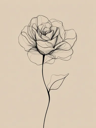 Single line art rose, minimalist, thin black lines on beige background.