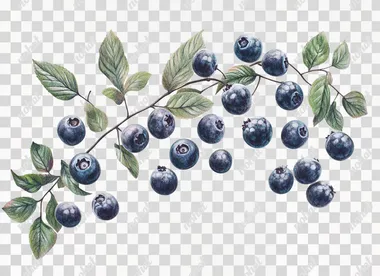 Blueberries with leaves isolated on a white background. With a clipping path. Full depth of field. Focus stacking. PNG, cutout, PNG file with a white background.