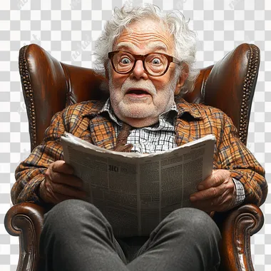 A funny exgrevagate caricature of an grandpa wearing glasses, making silly faces and having fun, sitting in the chair and reading newspaper against a white background with natural lighting. The image is professionally shot, with sharp focus and high resolution. --s 950