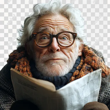 A funny exgrevagate caricature of an grandpa wearing glasses, making silly faces and having fun, sitting in the chair and reading newspaper against a white background with natural lighting. The image is professionally shot, with sharp focus and high resolution. --s 950