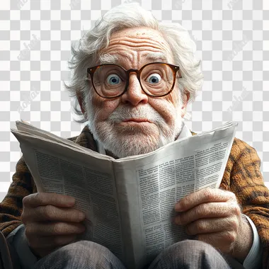 A funny exgrevagate caricature of an grandpa wearing glasses, making silly faces and having fun, sitting in the chair and reading newspaper against a white background with natural lighting. The image is professionally shot, with sharp focus and high resolution. --s 950