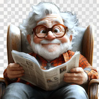 A funny exgrevagate caricature of an grandpa wearing glasses, making silly faces and having fun, sitting in the chair and reading newspaper against a white background with natural lighting. The image is professionally shot, with sharp focus and high resolution. --s 950