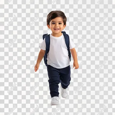 photo of a little boy, white t-shirt and dark blue pants, backpack, walking diagonally towards the camera, happy, full shot, white background, realistic, studio photo, 8k