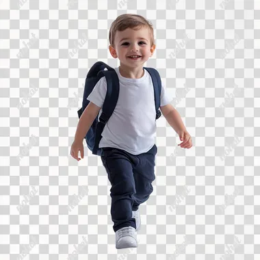 photo of a little boy, white t-shirt and dark blue pants, backpack, walking diagonally towards the camera, happy, full shot, white background, realistic, studio photo, 8k