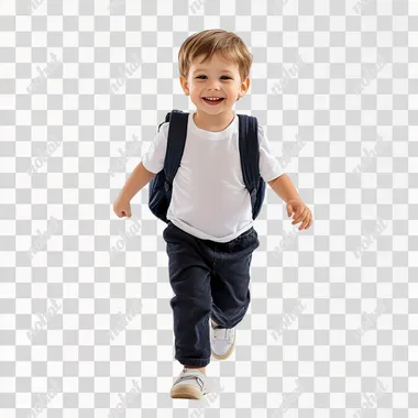 photo of a little boy, white t-shirt and dark blue pants, backpack, walking diagonally towards the camera, happy, full shot, white background, realistic, studio photo, 8k