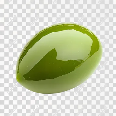 A single bright green olive, glossy and fresh, with a smooth texture and a bit of shine reflecting light, pitted in the center as if ready to be stuffed. The olive is isolated on a completely white background to highlight its vivid color and details. Include some subtle olive leaves in the background to add a natural and authentic touch.
