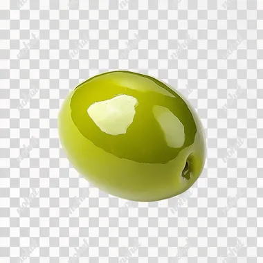A single bright green olive, glossy and fresh, with a smooth texture and a bit of shine reflecting light, pitted in the center as if ready to be stuffed. The olive is isolated on a completely white background to highlight its vivid color and details. Include some subtle olive leaves in the background to add a natural and authentic touch.
