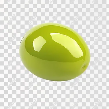 A single bright green olive, glossy and fresh, with a smooth texture and a bit of shine reflecting light, pitted in the center as if ready to be stuffed. The olive is isolated on a completely white background to highlight its vivid color and details. Include some subtle olive leaves in the background to add a natural and authentic touch.