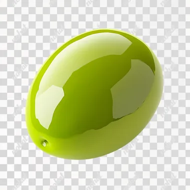 A single bright green olive, glossy and fresh, with a smooth texture and a bit of shine reflecting light, pitted in the center as if ready to be stuffed. The olive is isolated on a completely white background to highlight its vivid color and details. Include some subtle olive leaves in the background to add a natural and authentic touch.