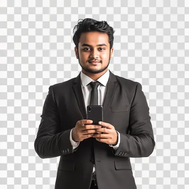 Generate an image of an bangladeshi young man in 30s in business attire, standing with a focused and slightly happy expression, using his mobile phone. The entire background should be completely white, with no additional elements, to emphasize the simplicity and focus on the task at hand.