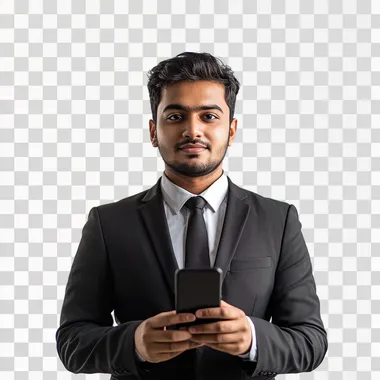 Generate an image of an bangladeshi young man in 30s in business attire, standing with a focused and slightly happy expression, using his mobile phone. The entire background should be completely white, with no additional elements, to emphasize the simplicity and focus on the task at hand.